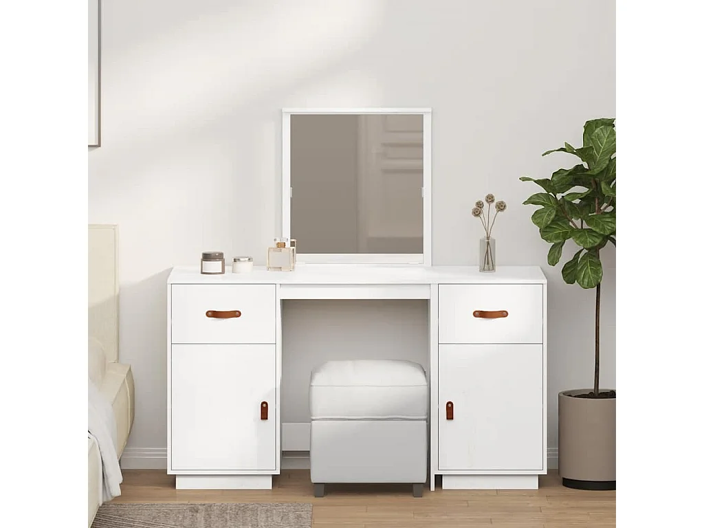 Ensemble de coiffeuse avec miroir Blanc Bois de pin solide