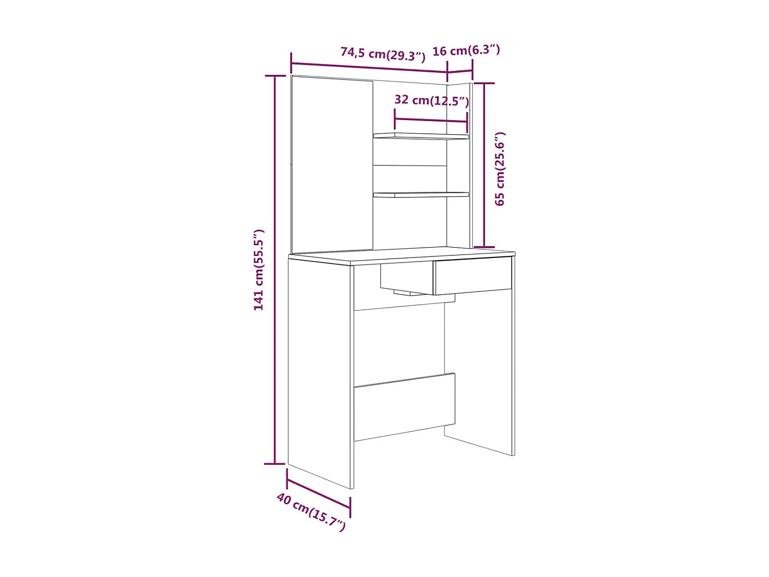 Schminktisch mit Spiegel Grau Sonoma 74,5x40x141 cm