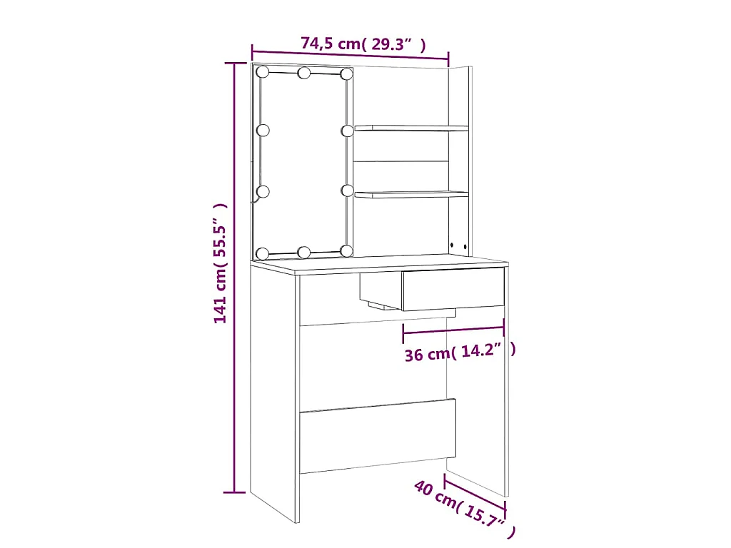 Toucador com LEDs 74,5x40x141 cm branco brilhante
