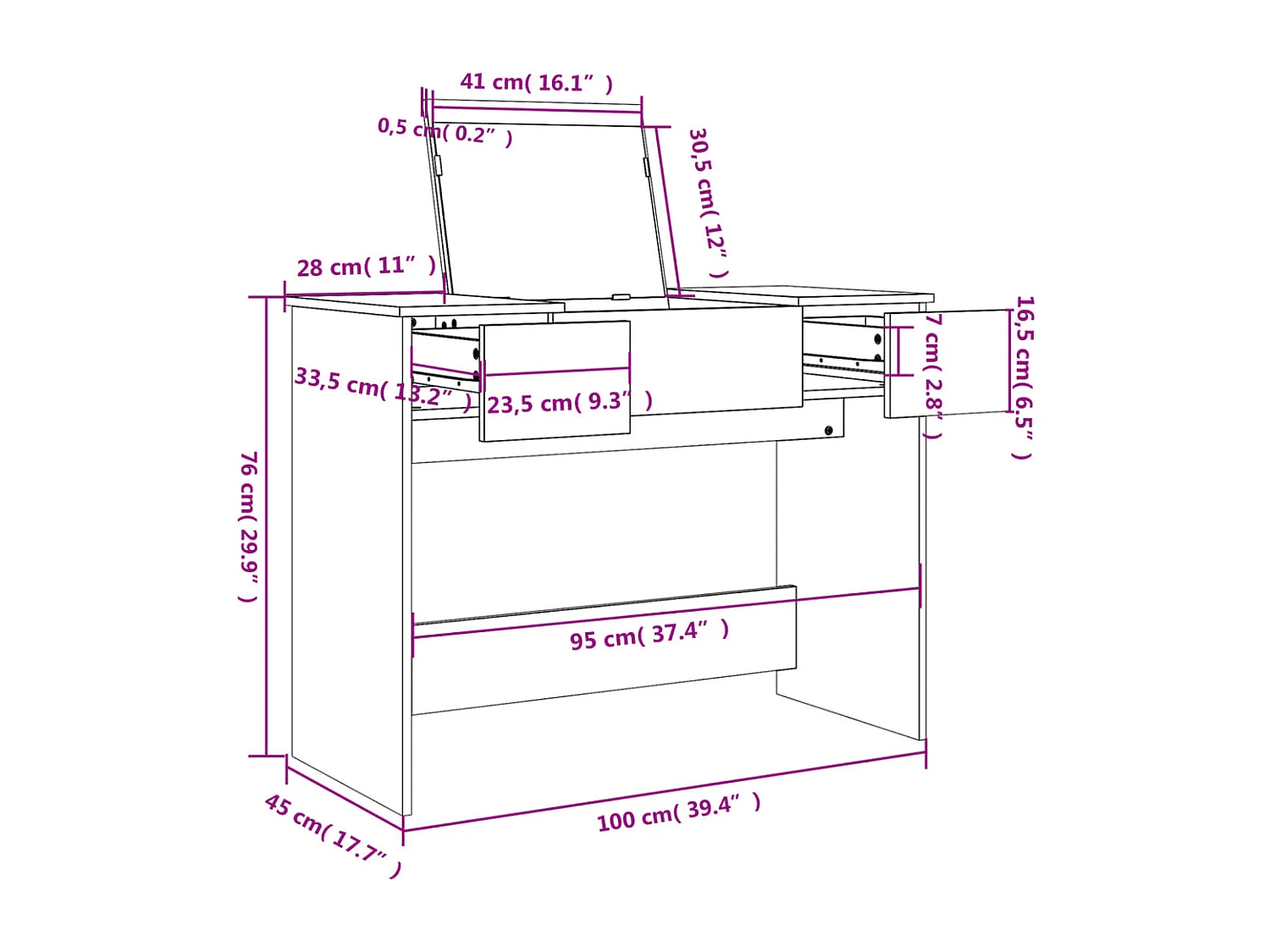 Schminktisch mit Spiegel Schwarz 100x45x76 cm