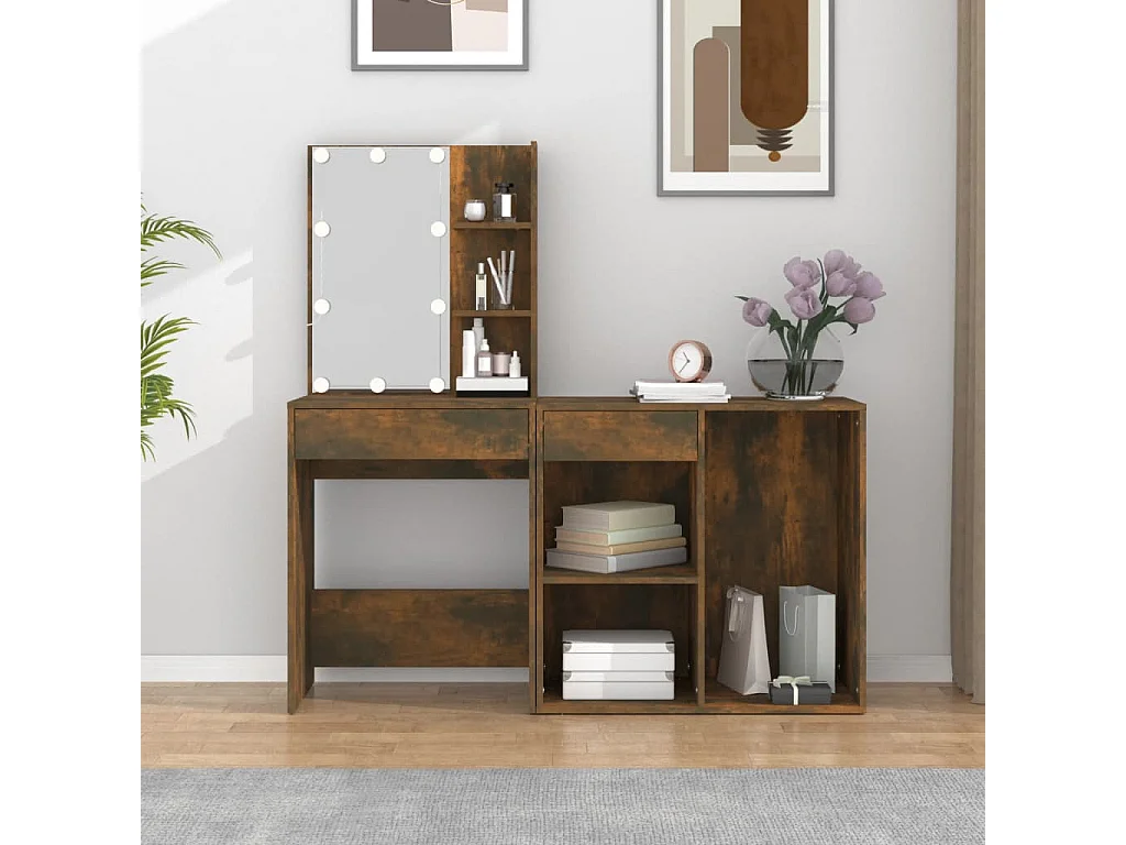 Coiffeuse à LED avec armoire Chêne fumé Bois d'ingénierie