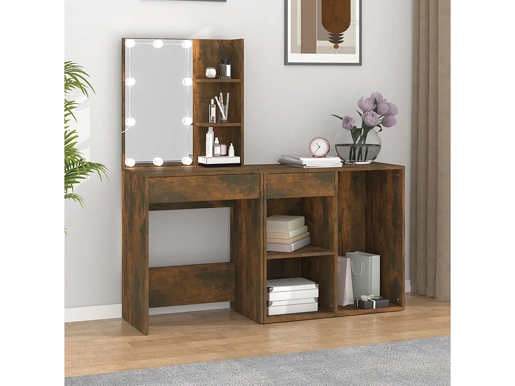 LED-Schminktisch mit Schrank Räuchereiche Holzwerkstoff