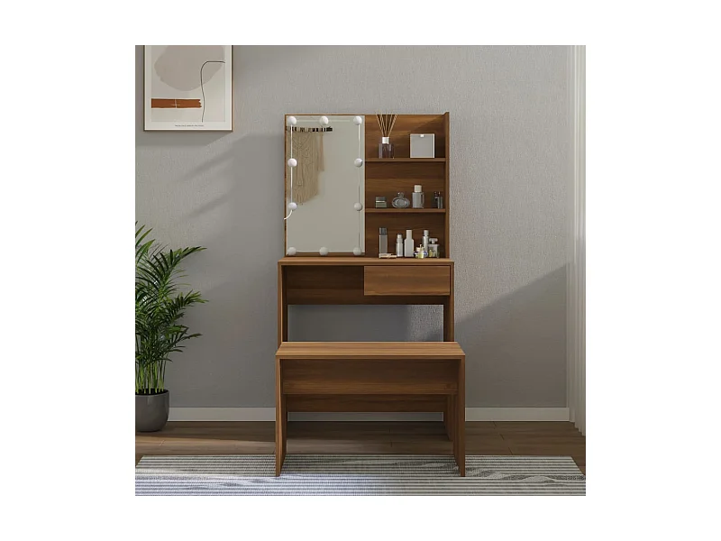 Schminktisch-Set mit LED Braun Eichen-Optik Holzwerkstoff