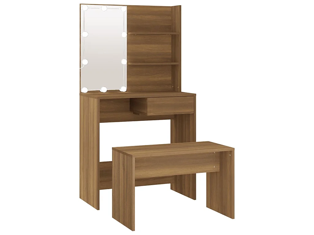 Set Tavolo da Toeletta con LED Rovere Marrone Legno Multistrato