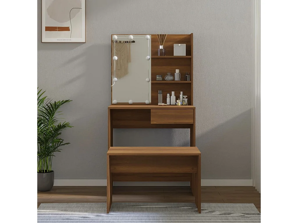 Set Tavolo da Toeletta con LED Rovere Marrone Legno Multistrato