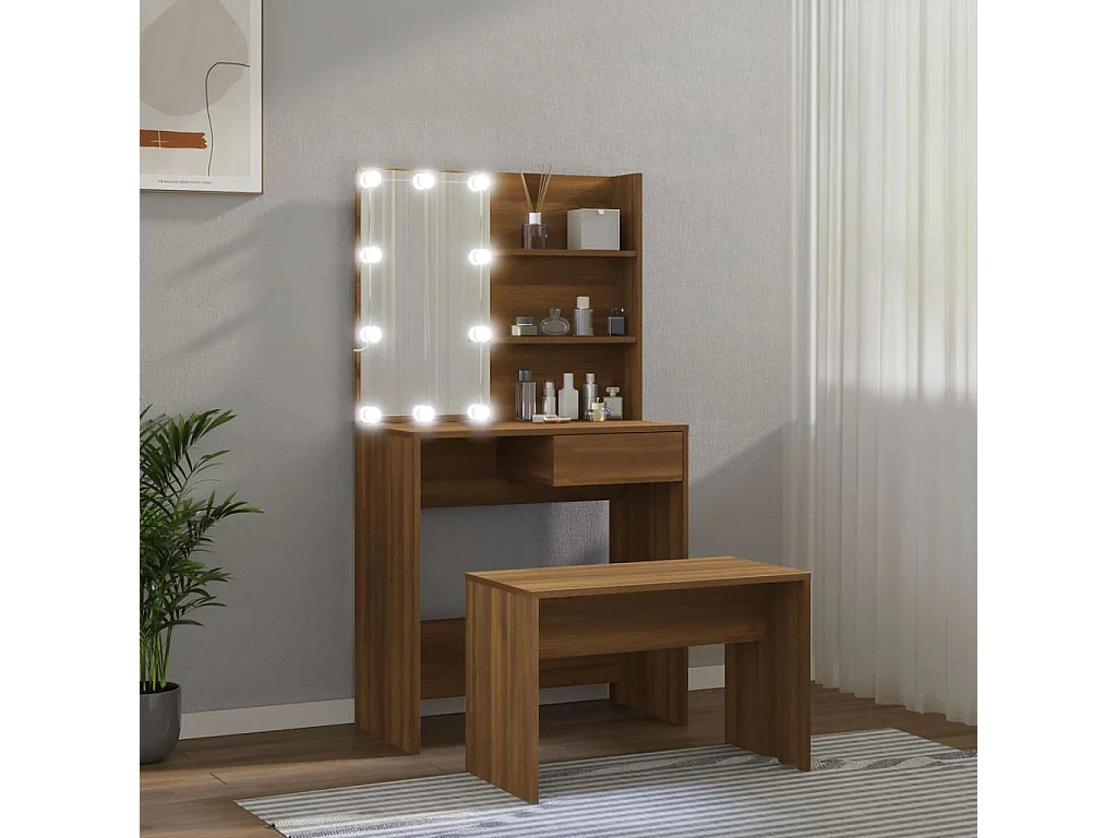 Set Tavolo da Toeletta con LED Rovere Marrone Legno Multistrato