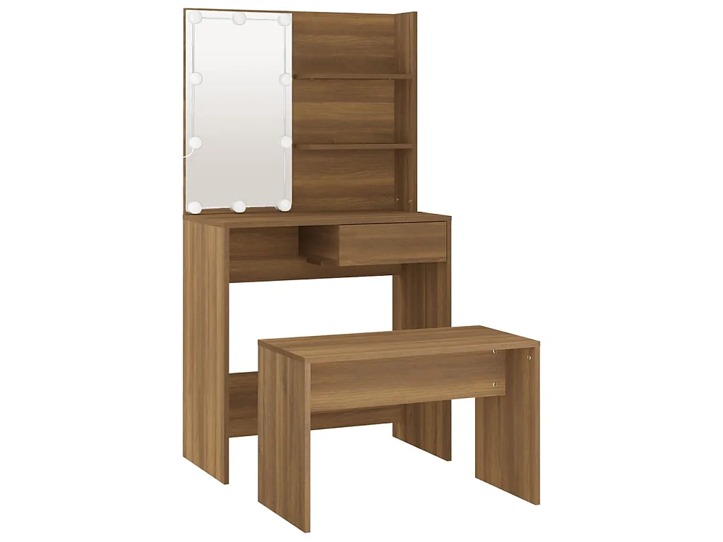 Set Tavolo da Toeletta con LED Rovere Marrone Legno Multistrato