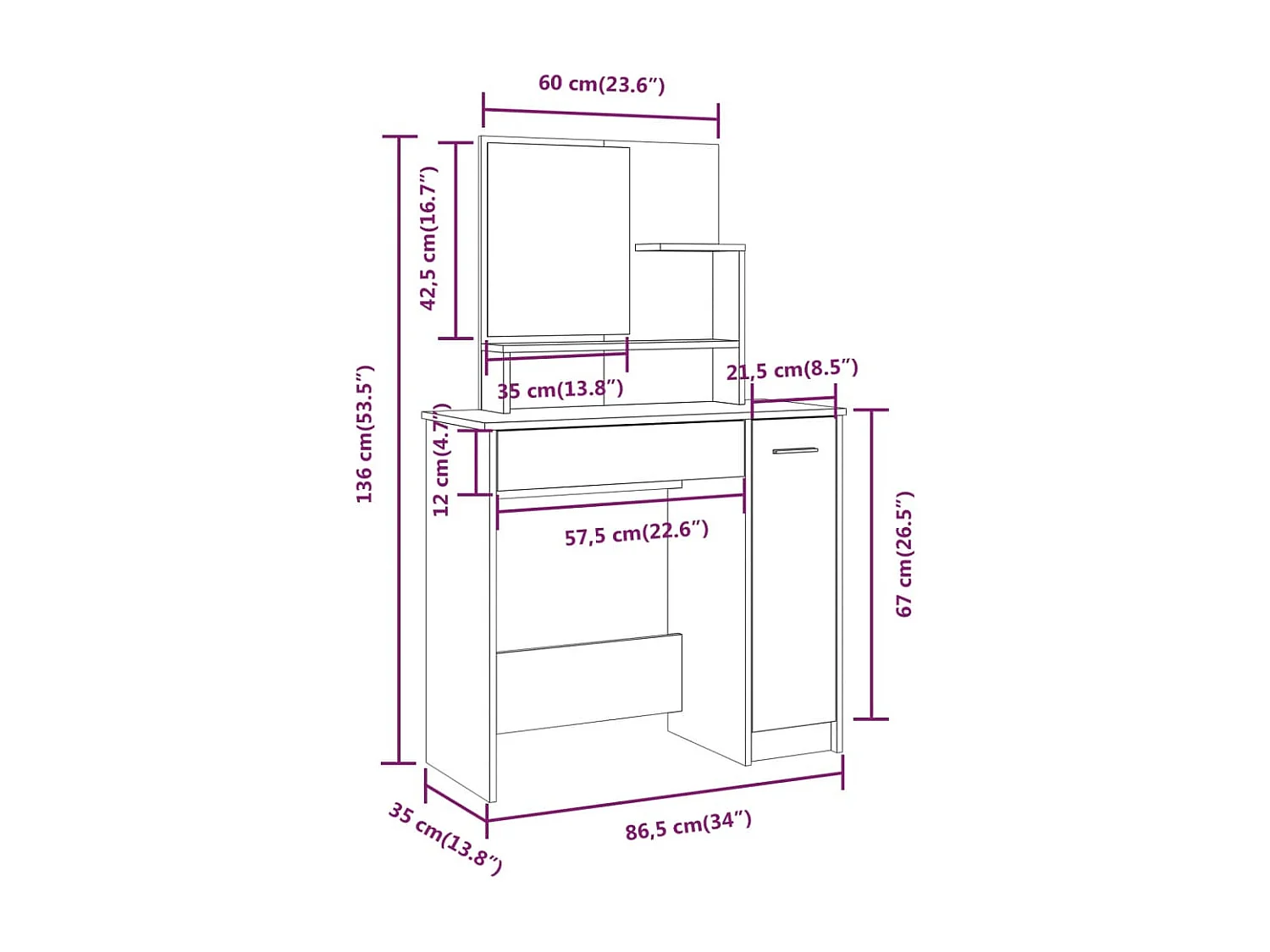 Toucador com espelho 86,5x35x136 cm cor branco