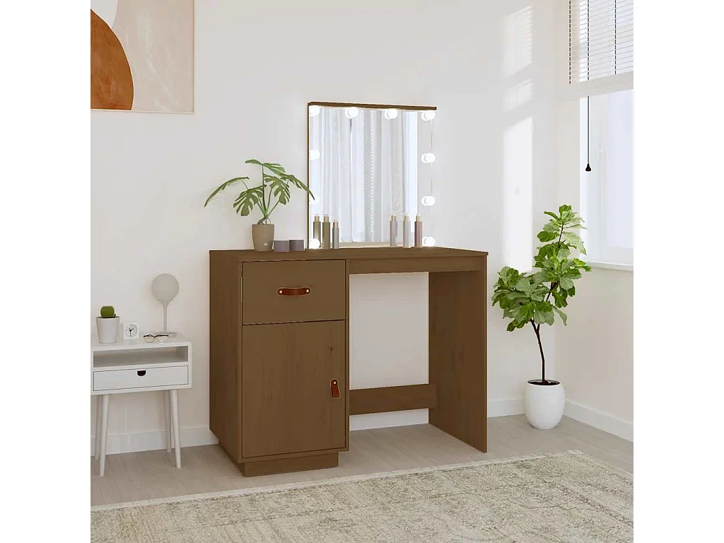Schminktisch mit LED Honigbraun 95x50x133,5cm Massivholz Kiefer
