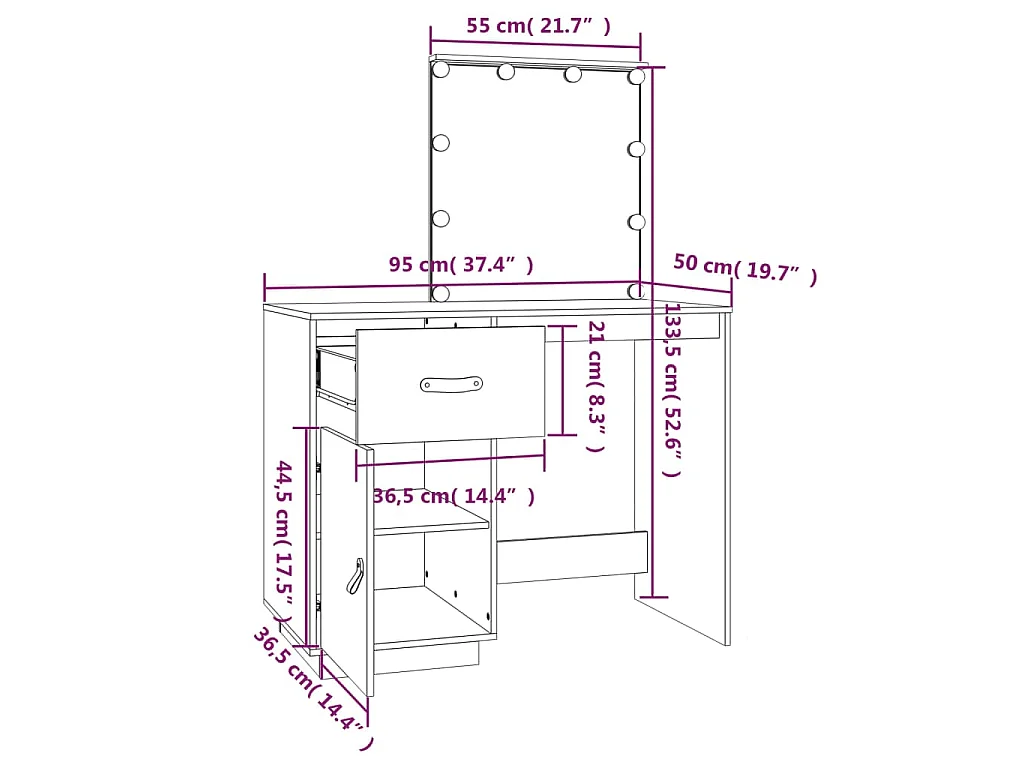 Schminktisch mit LED Honigbraun 95x50x133,5cm Massivholz Kiefer