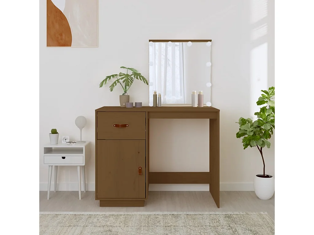 Schminktisch mit LED Honigbraun 95x50x133,5cm Massivholz Kiefer