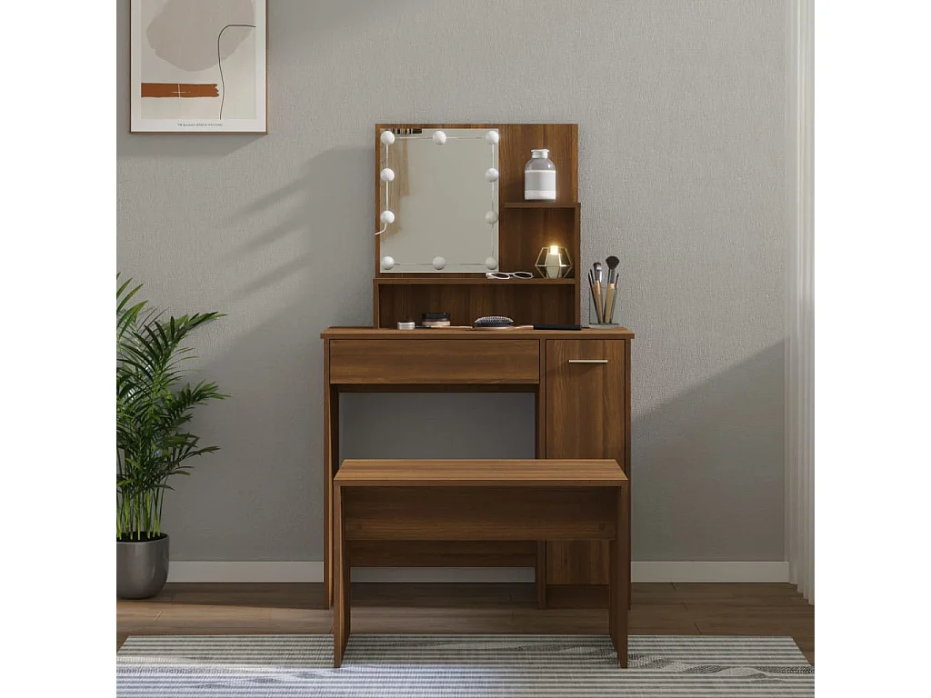 Schminktisch-Set mit LED Braun Eichen-Optik Holzwerkstoff
