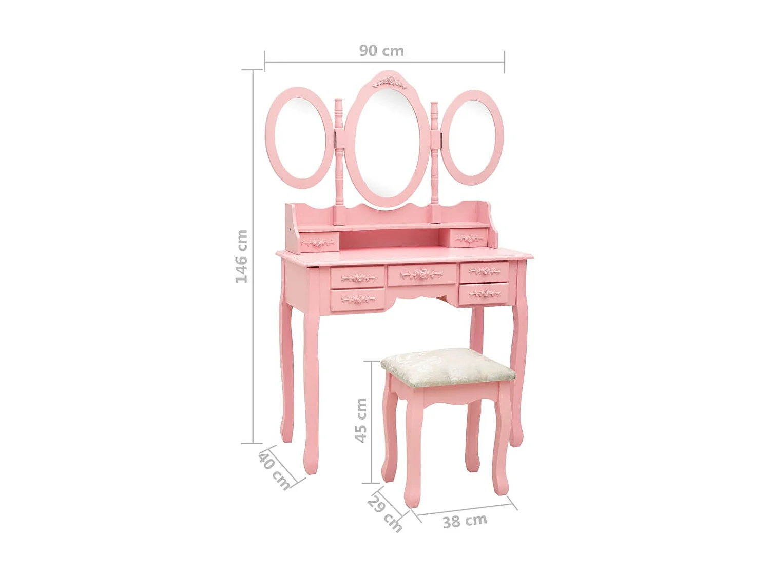 Coiffeuse avec tabouret et miroir pliable en 3 Rose