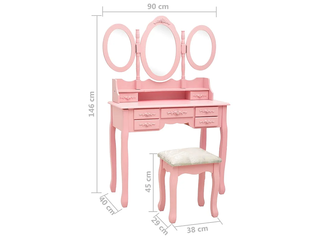 Schminktisch mit Hocker und Dreifach-Spiegel Rosa
