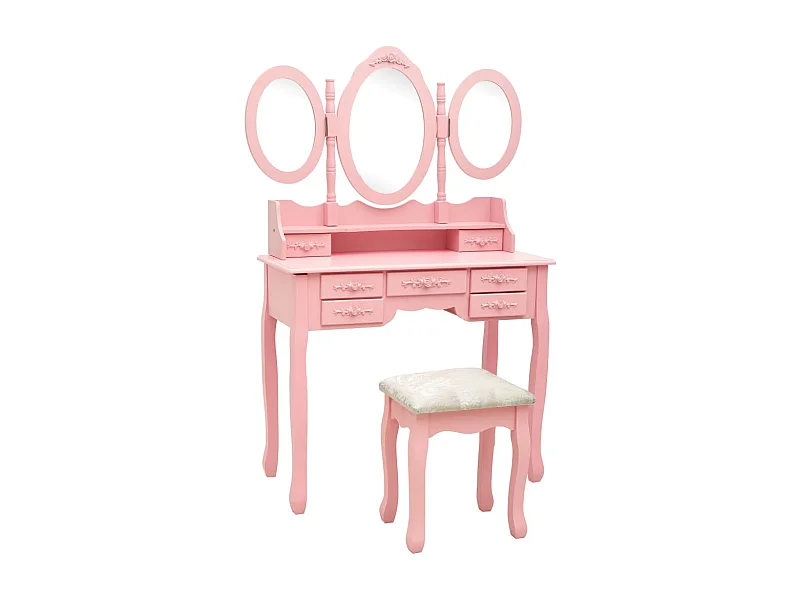 Coiffeuse avec tabouret et miroir pliable en 3 Rose
