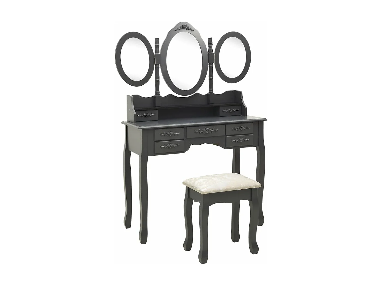 Kaptafel met kruk en drievoudige spiegel grijs