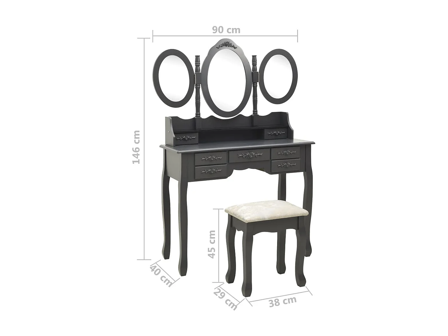 Kaptafel met kruk en drievoudige spiegel grijs