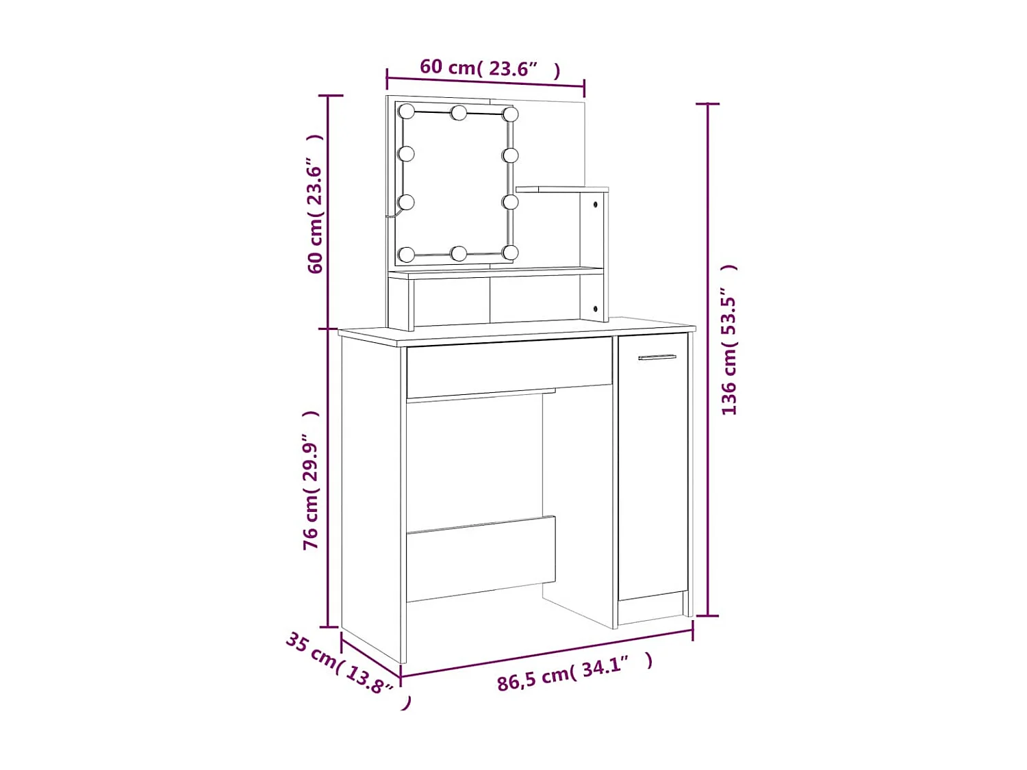 Schminktisch mit LED Braun Eichen-Optik 86,5x35x136 cm