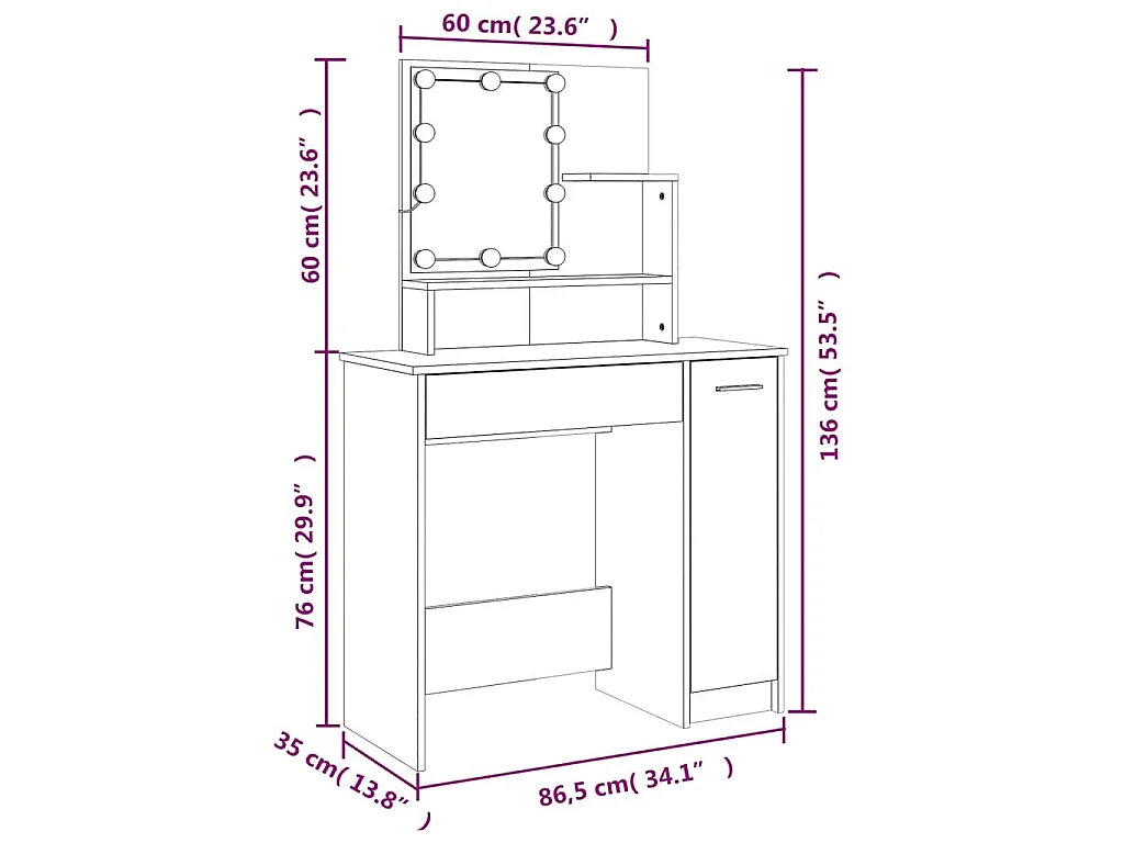 Kaptafel met LED-verlichting 86,5x35x136 cm bruin eikenkleur