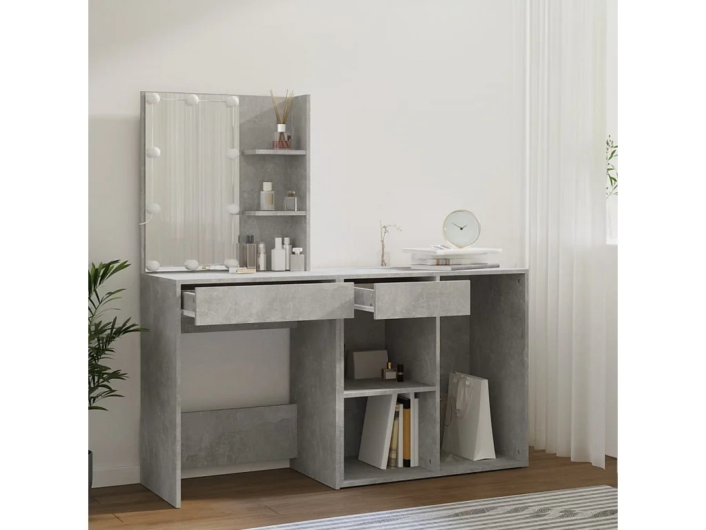 Coiffeuse à LED avec armoire Gris béton Bois d'ingénierie