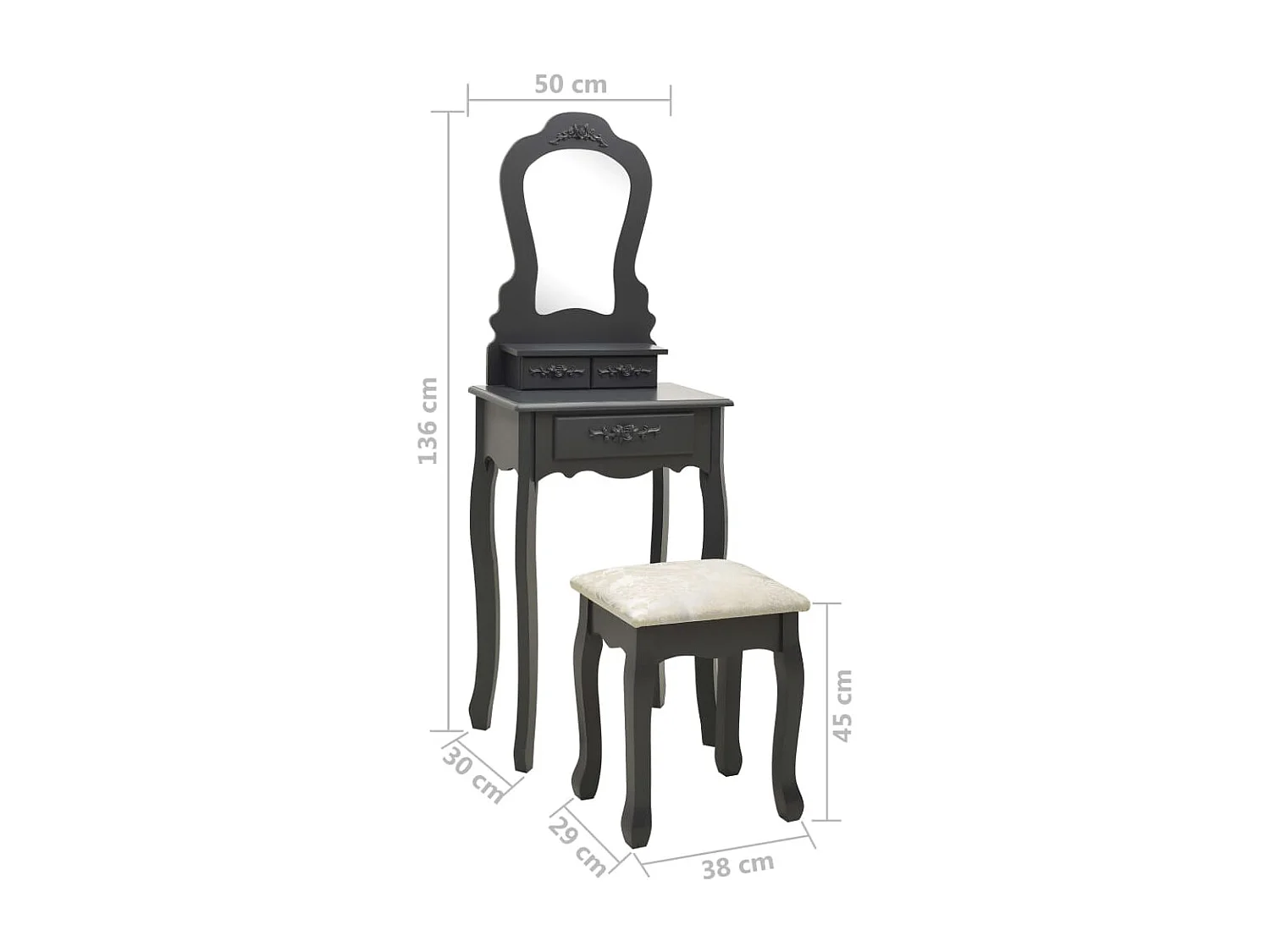 Ensemble de coiffeuse avec tabouret Gris 50x59x136 cm Paulownia