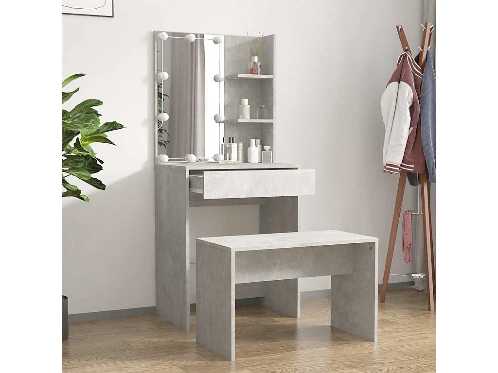 Ensemble de coiffeuse avec LED Gris béton Bois d'ingénierie