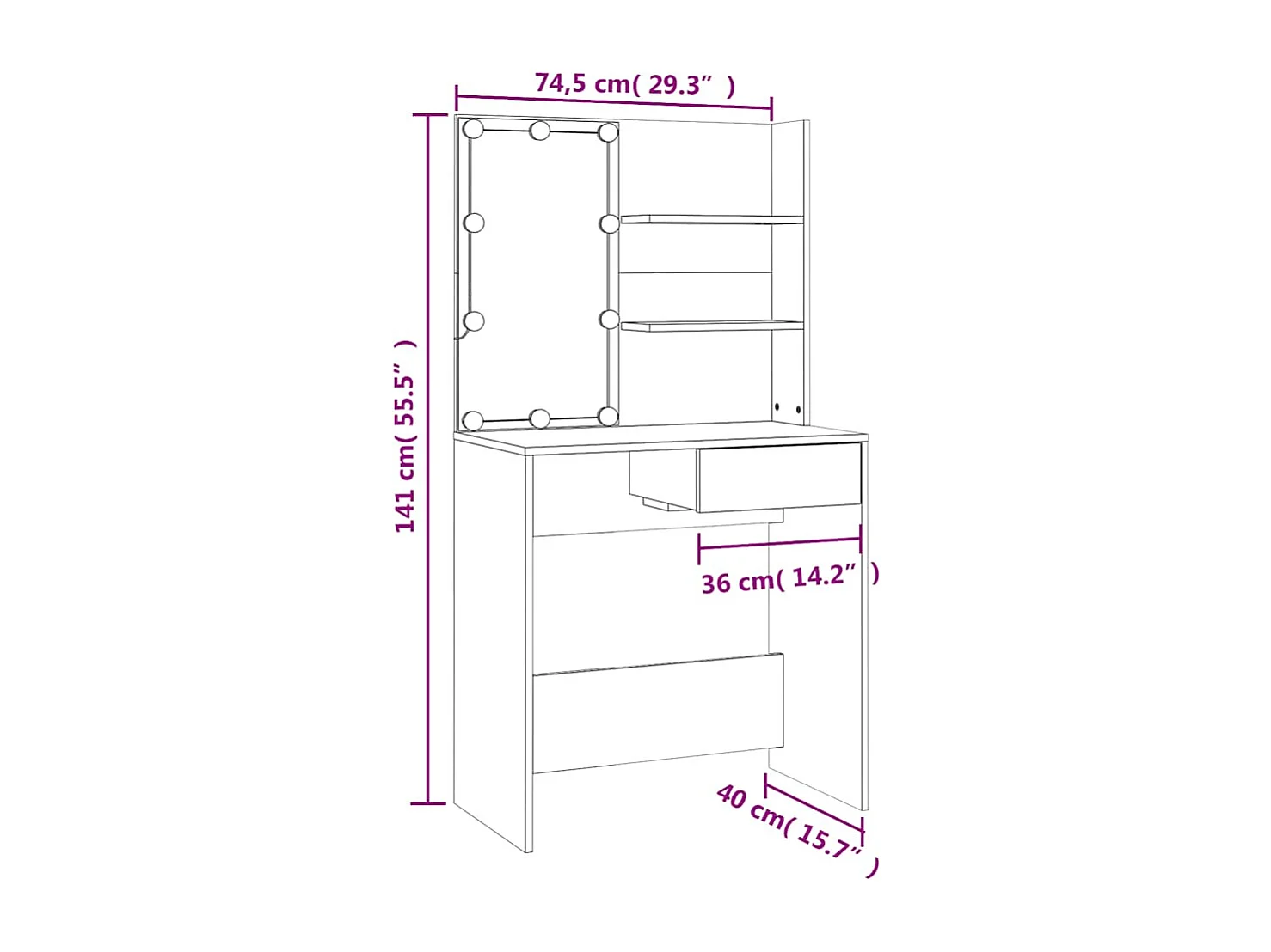 Toaletka z LED Dąb dymiony 74,5x40x141 cm - Przechowywanie, Oświetlenie LED, Unikalny Design