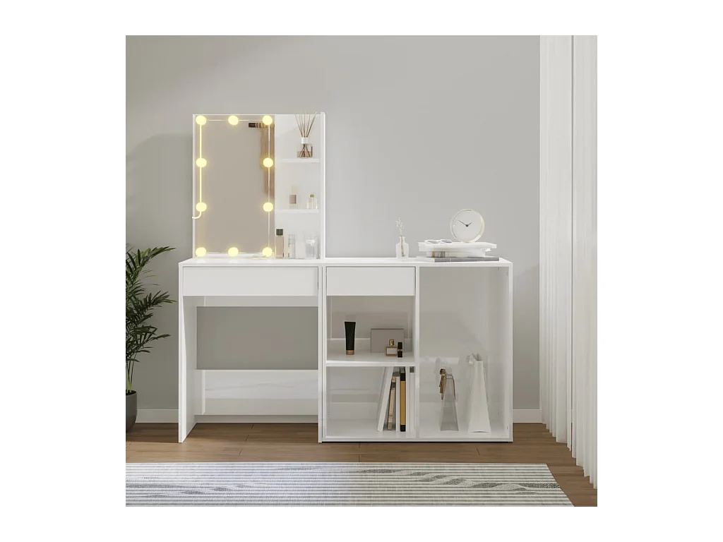 Tocador con LED y armario madera contrachapada blanco brillante