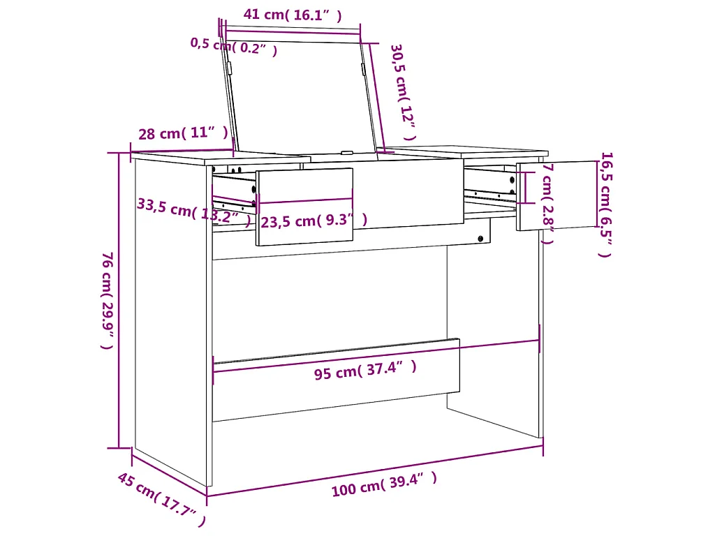 Toucador com espelho 100x45x76 cm branco