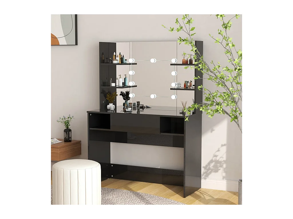Table de maquillage avec éclairage LED MDF Noir brillant