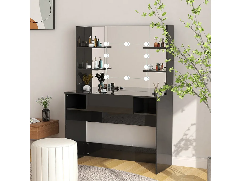 Table de maquillage avec éclairage LED MDF Noir brillant