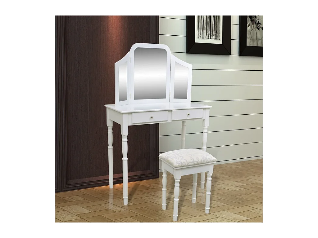Coiffeuse avec miroir et tabouret 2 tiroirs Blanc