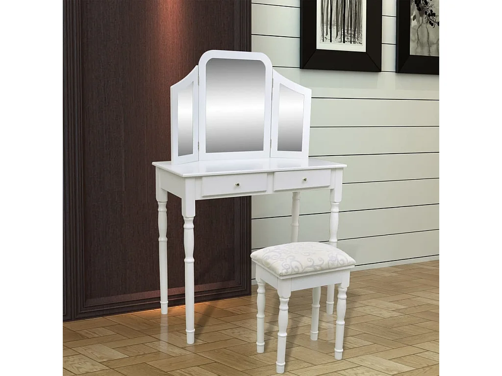 Kaptafel met 2 lades, 3-in-1 spiegel en krukje wit