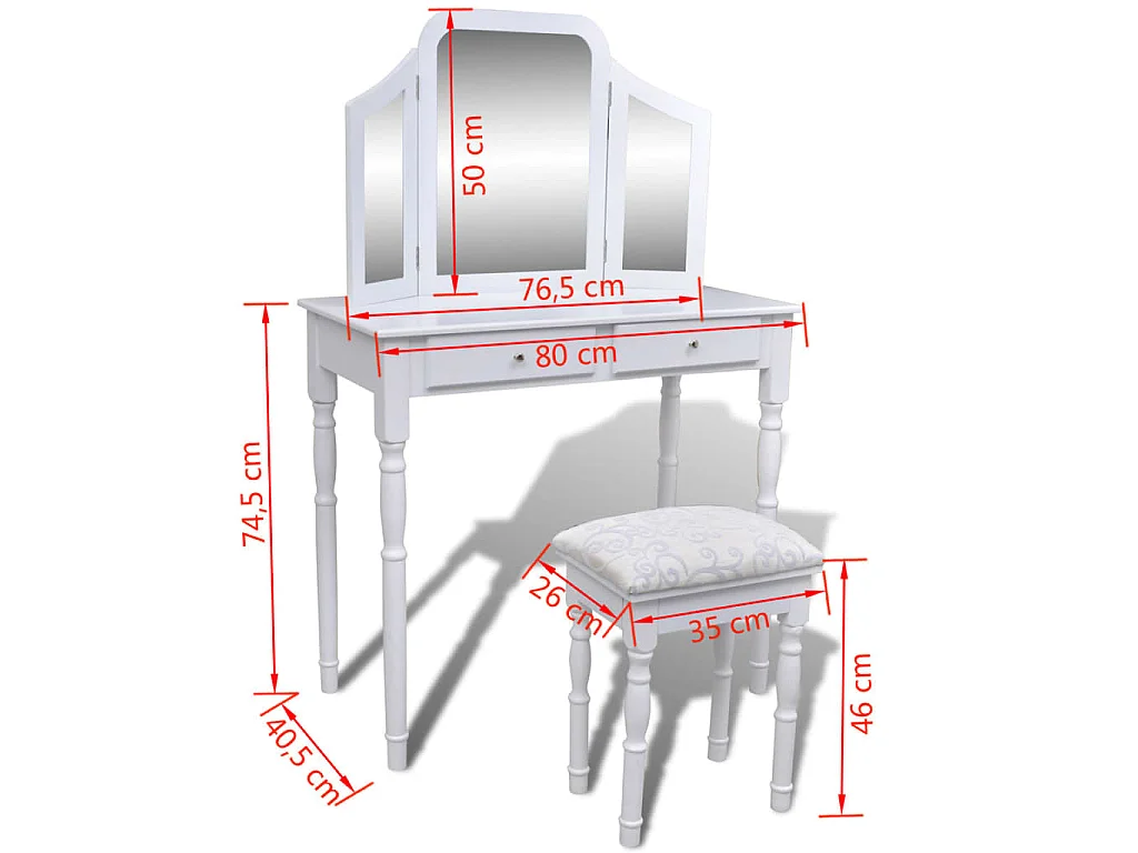 Coiffeuse avec miroir et tabouret 2 tiroirs Blanc