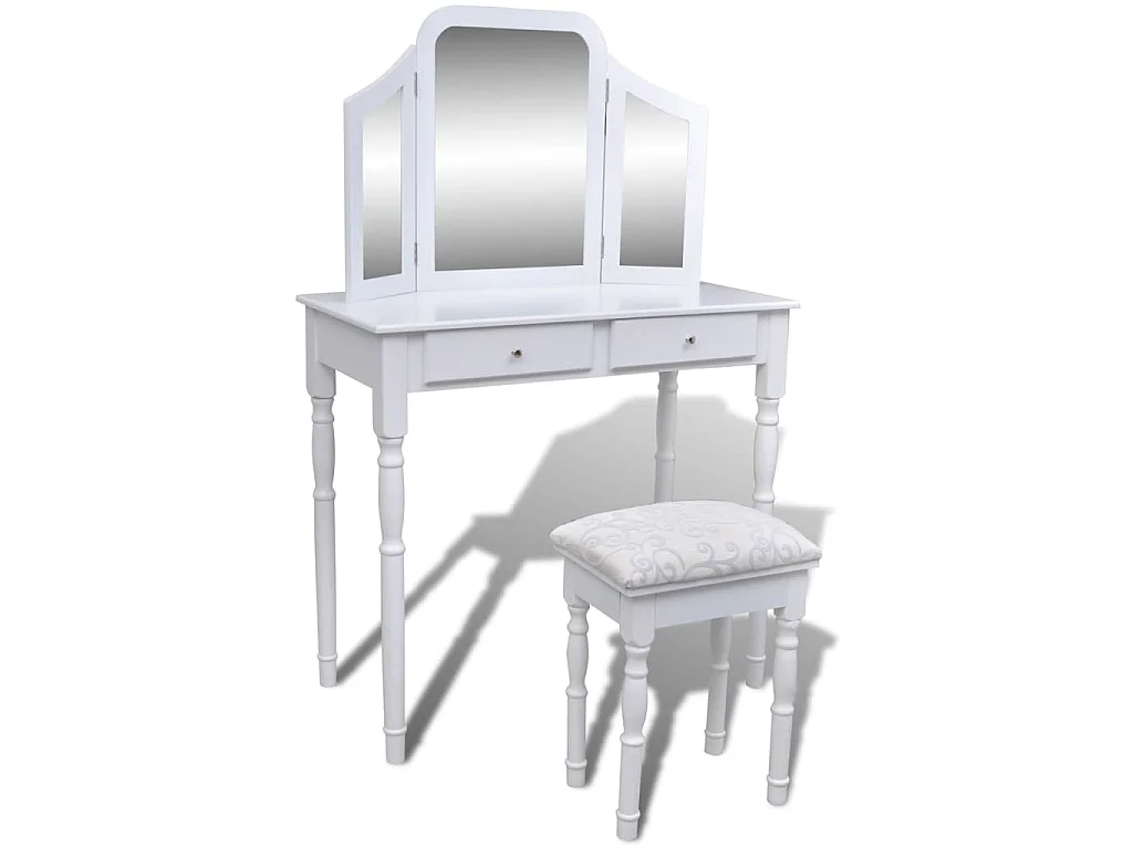 Kaptafel met 2 lades, 3-in-1 spiegel en krukje wit