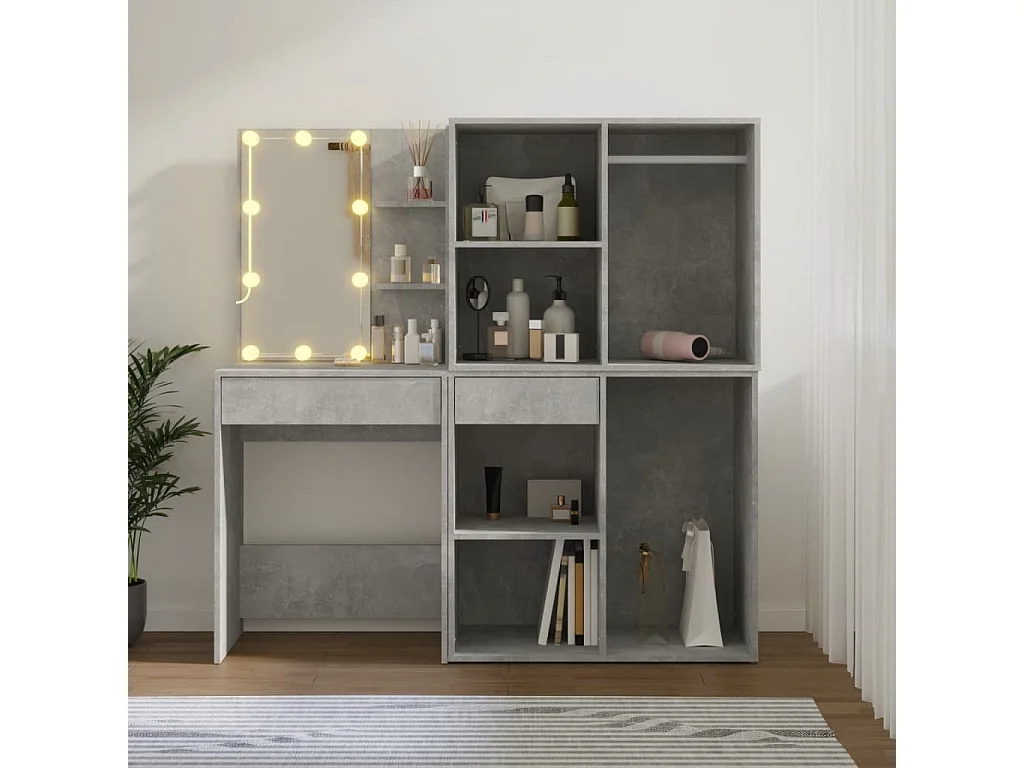 LED-Schminktisch mit 2 Schränken Betongrau Holzwerkstoff