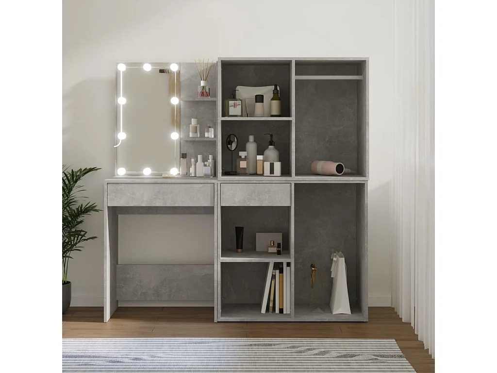 Toeletta LED con 2 Armadietti Legno Multistrato Grigio Cemento