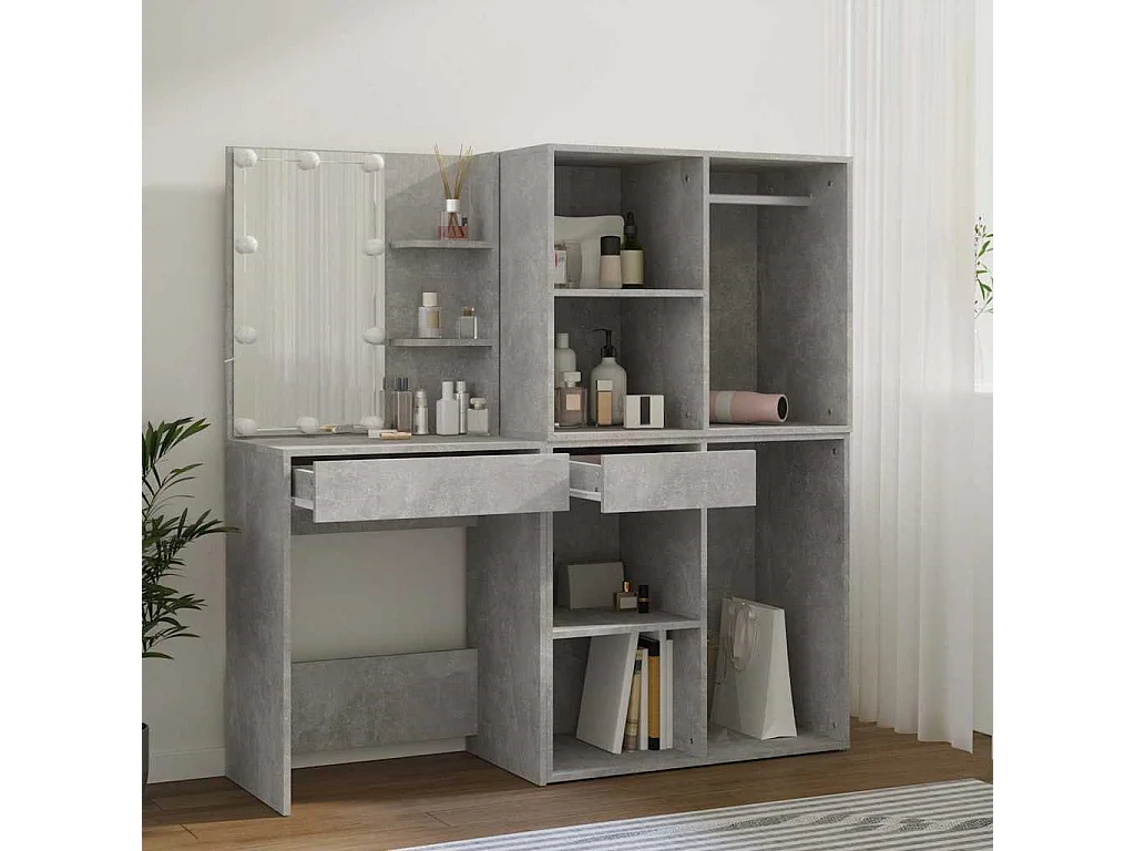 Coiffeuse à LED avec 2 armoires Gris béton Bois d'ingénierie