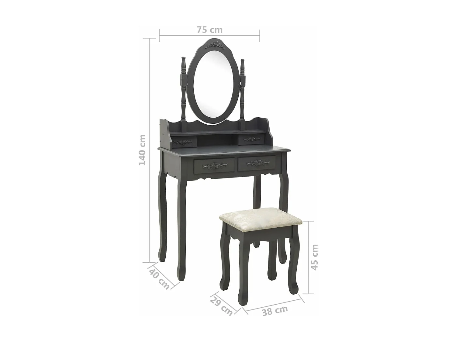 Ensemble de coiffeuse avec tabouret Gris 75x69x140 cm Paulownia
