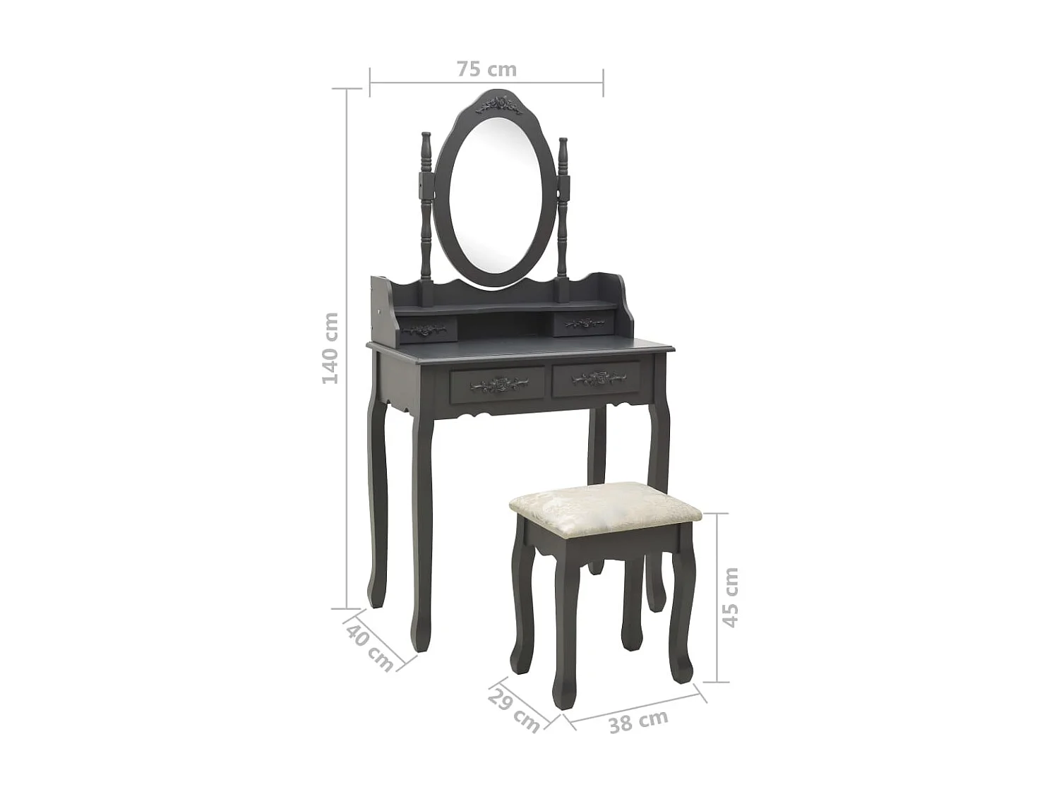 Ensemble de coiffeuse avec tabouret Gris 75x69x140 cm Paulownia