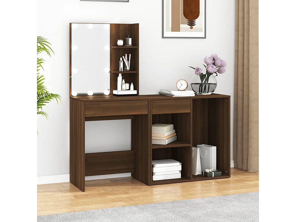 Kaptafel met kastjes LED bewerkt hout bruin eikenkleur