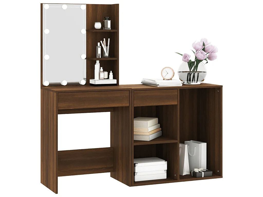 Kaptafel met kastjes LED bewerkt hout bruin eikenkleur