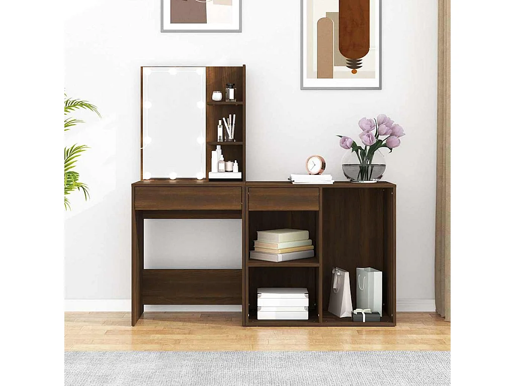 Coiffeuse à LED avec armoire Chêne marron Bois d'ingénierie
