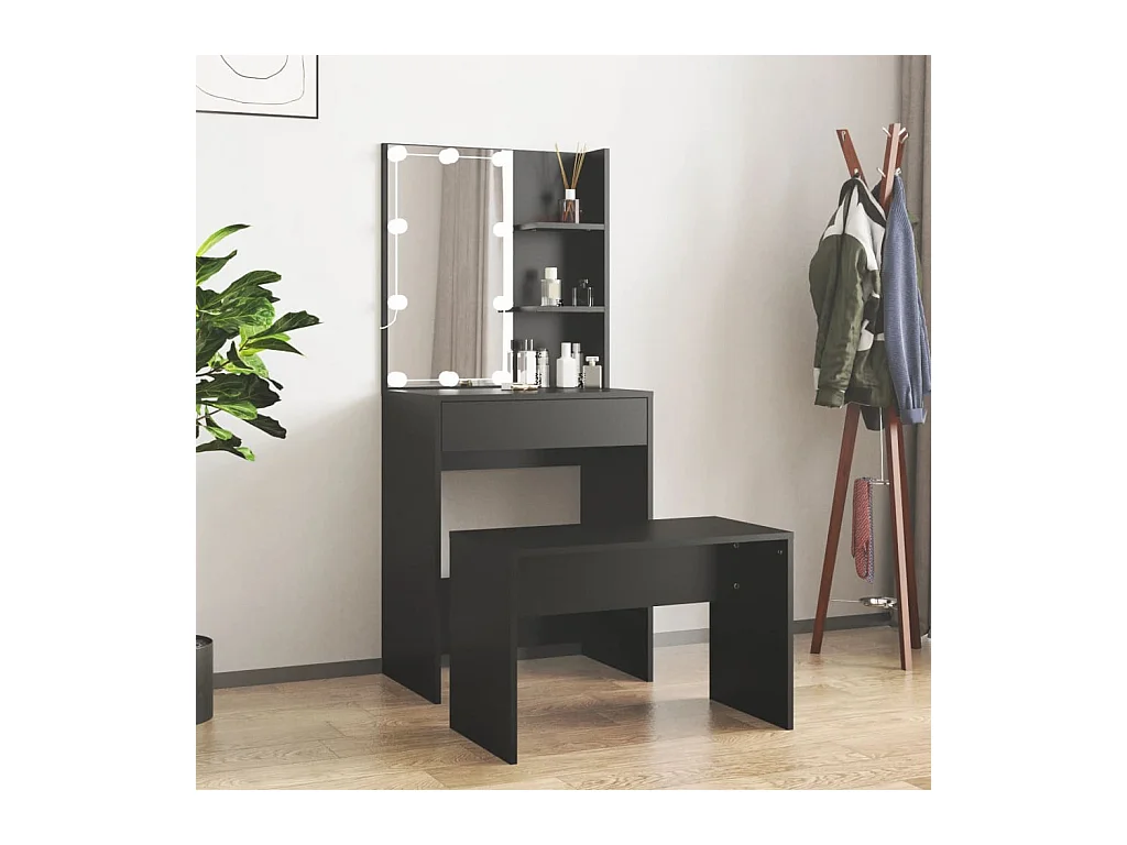 Set Tavolo da Toeletta con LED Nero in Legno Multistrato