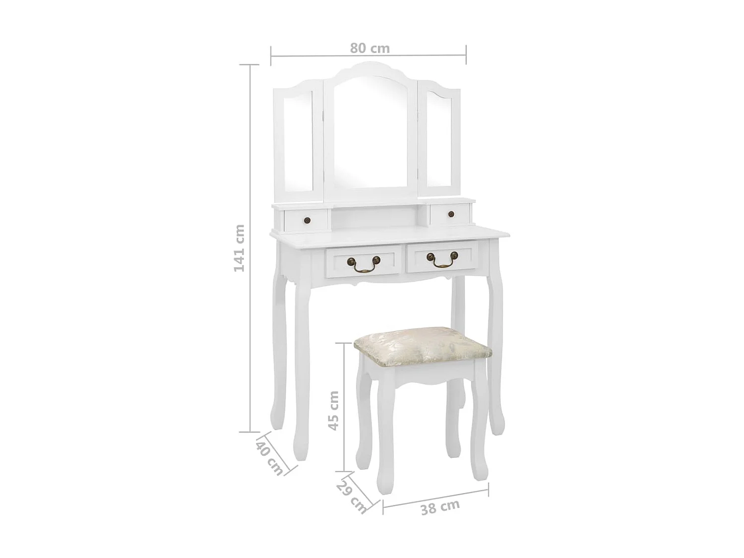 Ensemble de coiffeuse avec tabouret Blanc 80x69x141cm Paulownia