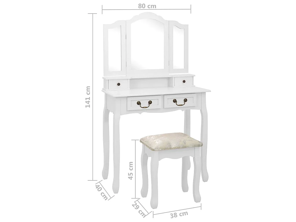 Tavolo da Trucco e Sgabello Bianco 80x69x141 cm Legno Paulownia