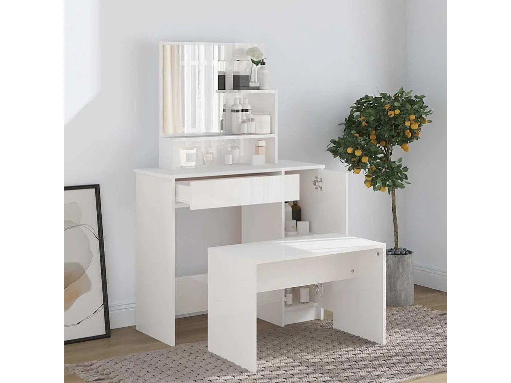 Schminktisch-Set Hochglanz-Weiß 86,5x35x136 cm