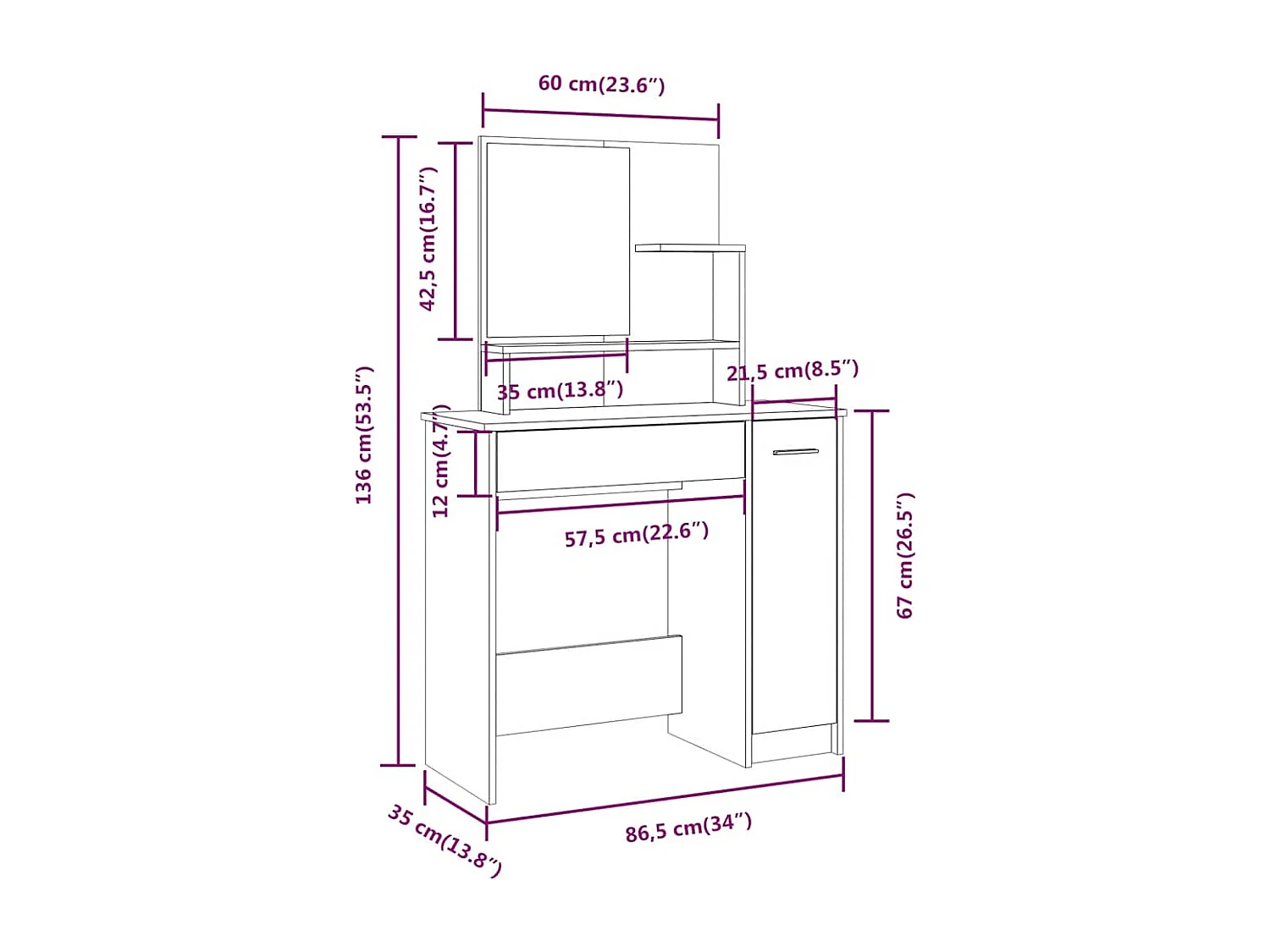 Schminktisch-Set Hochglanz-Weiß 86,5x35x136 cm