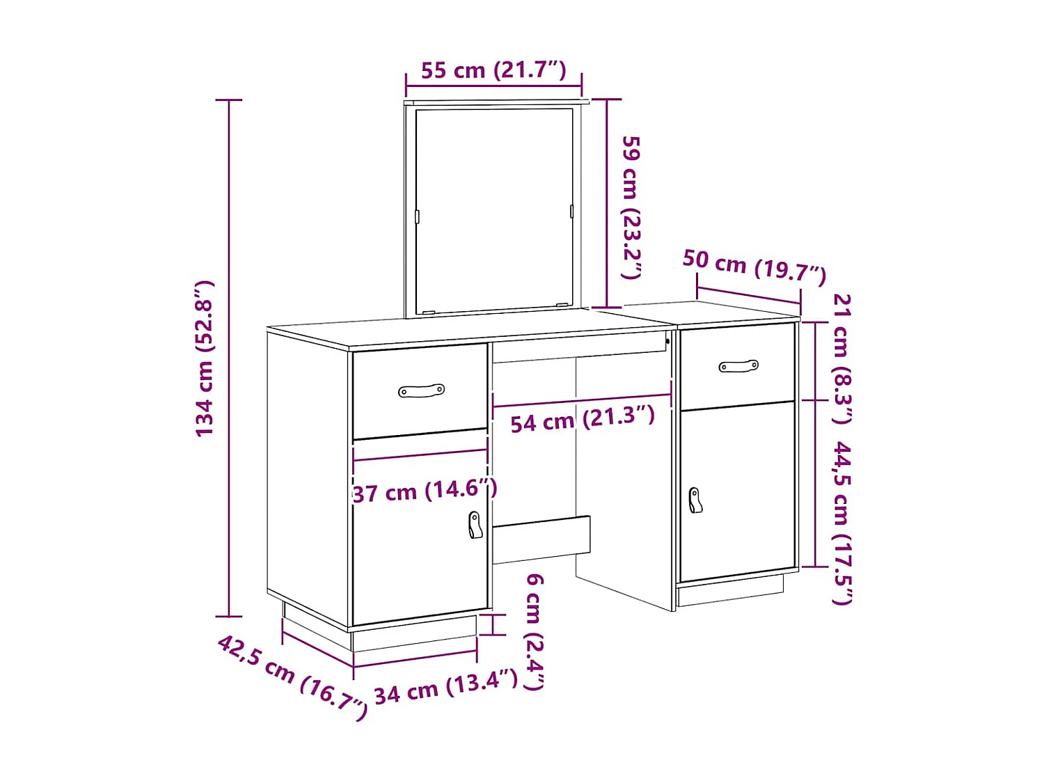 Ensemble de coiffeuse et miroir Marron miel Bois de pin solide