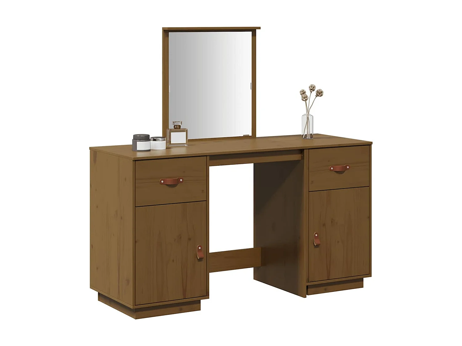 Ensemble de coiffeuse et miroir Marron miel Bois de pin solide